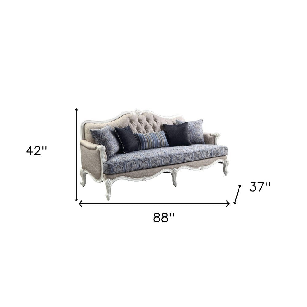 Cream Linen Damask Sofa and Toss Pillows with White Legs - 88-inch
