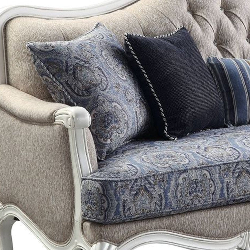 Cream Linen Damask Sofa and Toss Pillows with White Legs - 88-inch