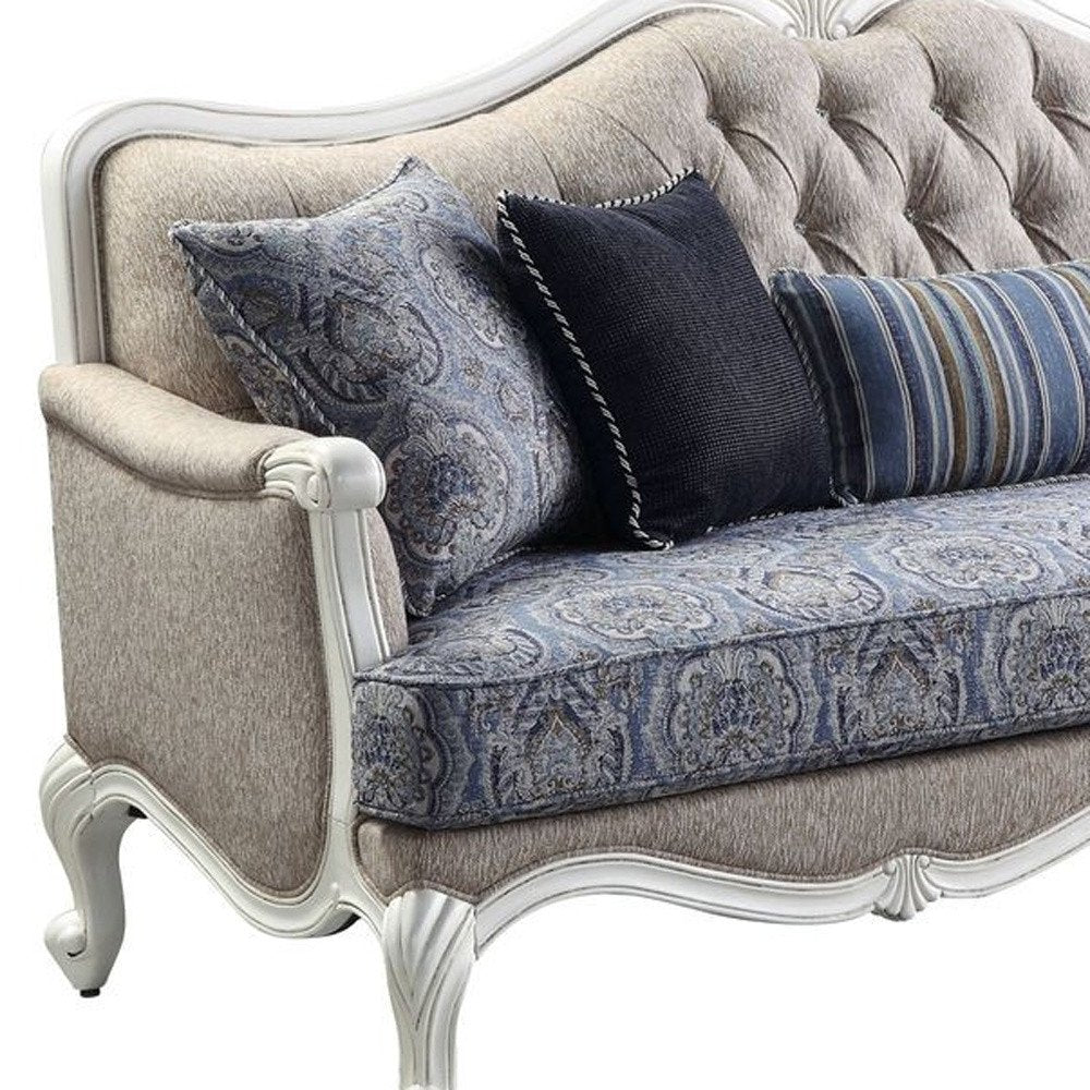 Cream Linen Damask Sofa and Toss Pillows with White Legs - 88-inch