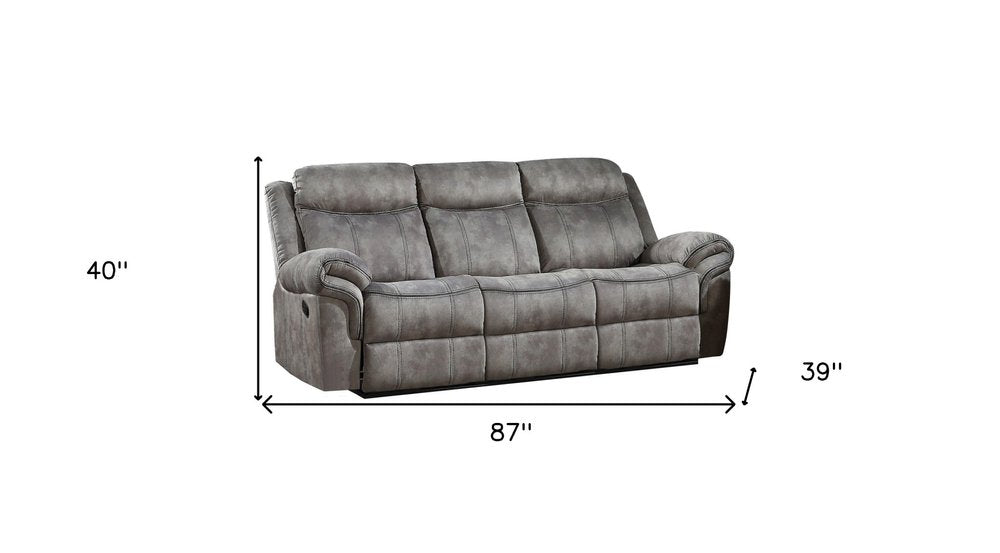 Gray Velvet Reclining USB Sofa with Black Legs - 87-inch