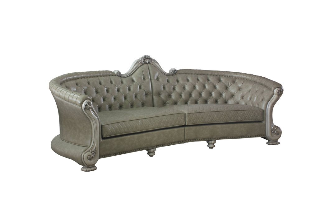 Bone Faux Leather Sofa and Toss Pillows with White Legs - 113-inch