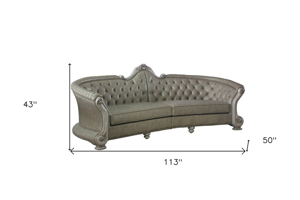 Bone Faux Leather Sofa and Toss Pillows with White Legs - 113-inch
