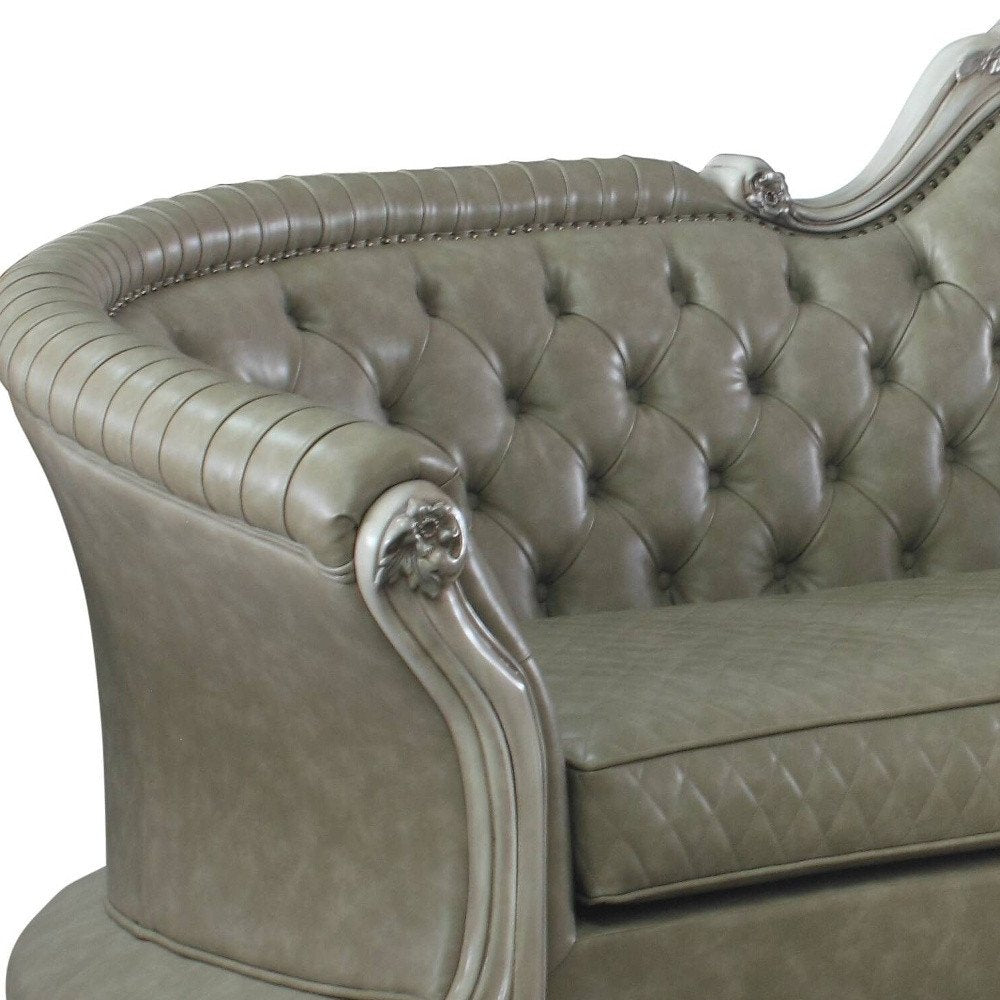 Bone Faux Leather Sofa and Toss Pillows with White Legs - 113-inch