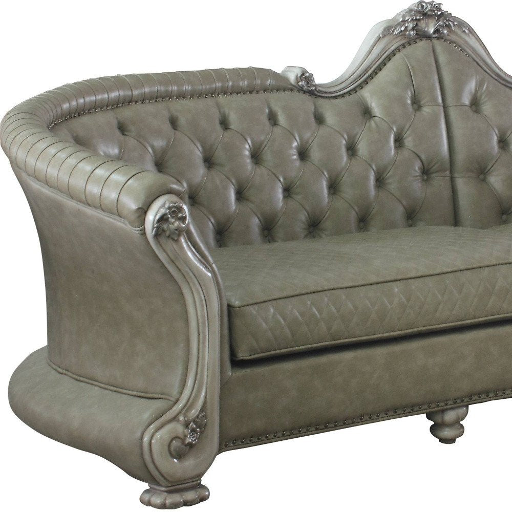 Bone Faux Leather Sofa and Toss Pillows with White Legs - 113-inch