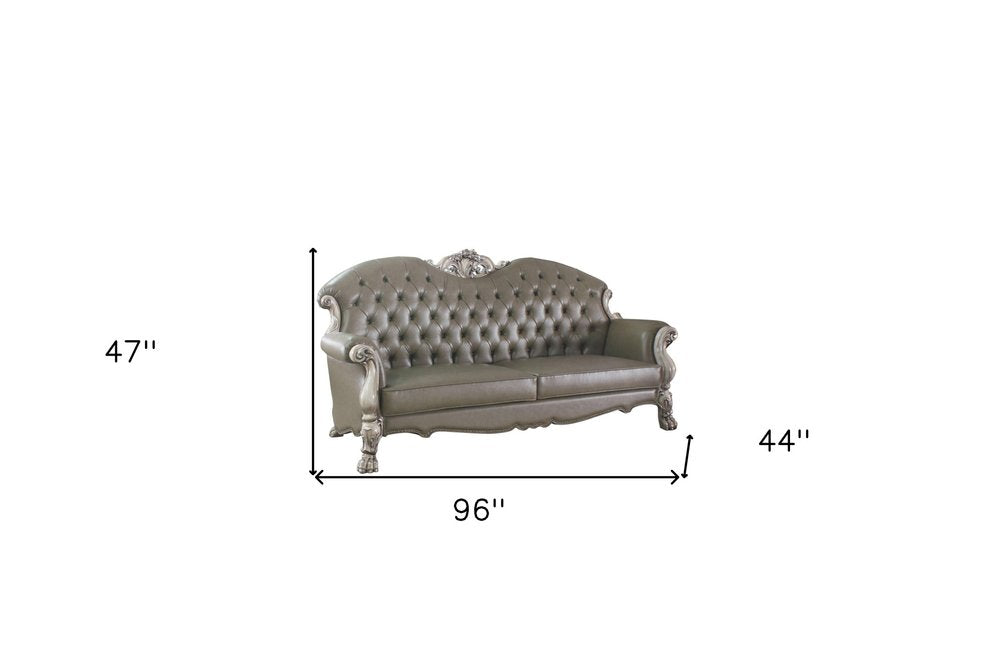 Bone Faux Leather Sofa and Toss Pillows with White Legs - 96-inch