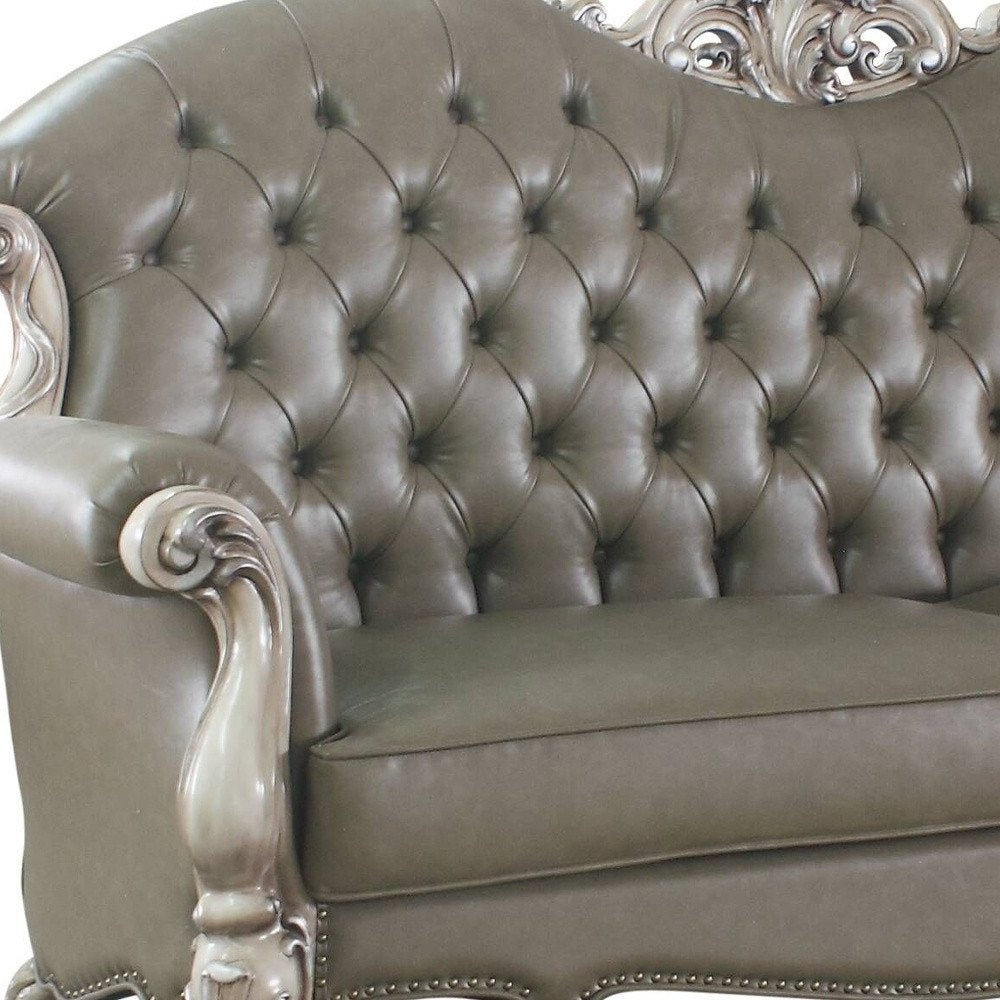 Bone Faux Leather Sofa and Toss Pillows with White Legs - 96-inch