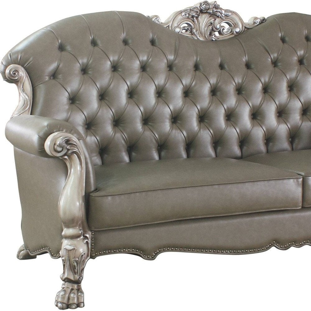 Bone Faux Leather Sofa and Toss Pillows with White Legs - 96-inch