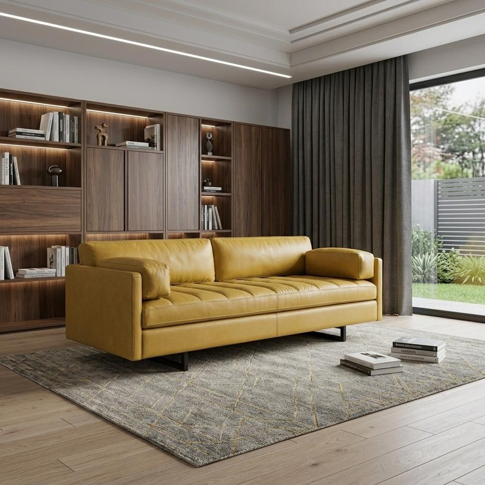 Mustard Top Grain Leather Sofa with Black Legs - 74-inch