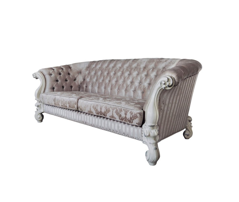 Ivory Velvet Damask Sofa and Toss Pillows with Bone Legs - 99-inch