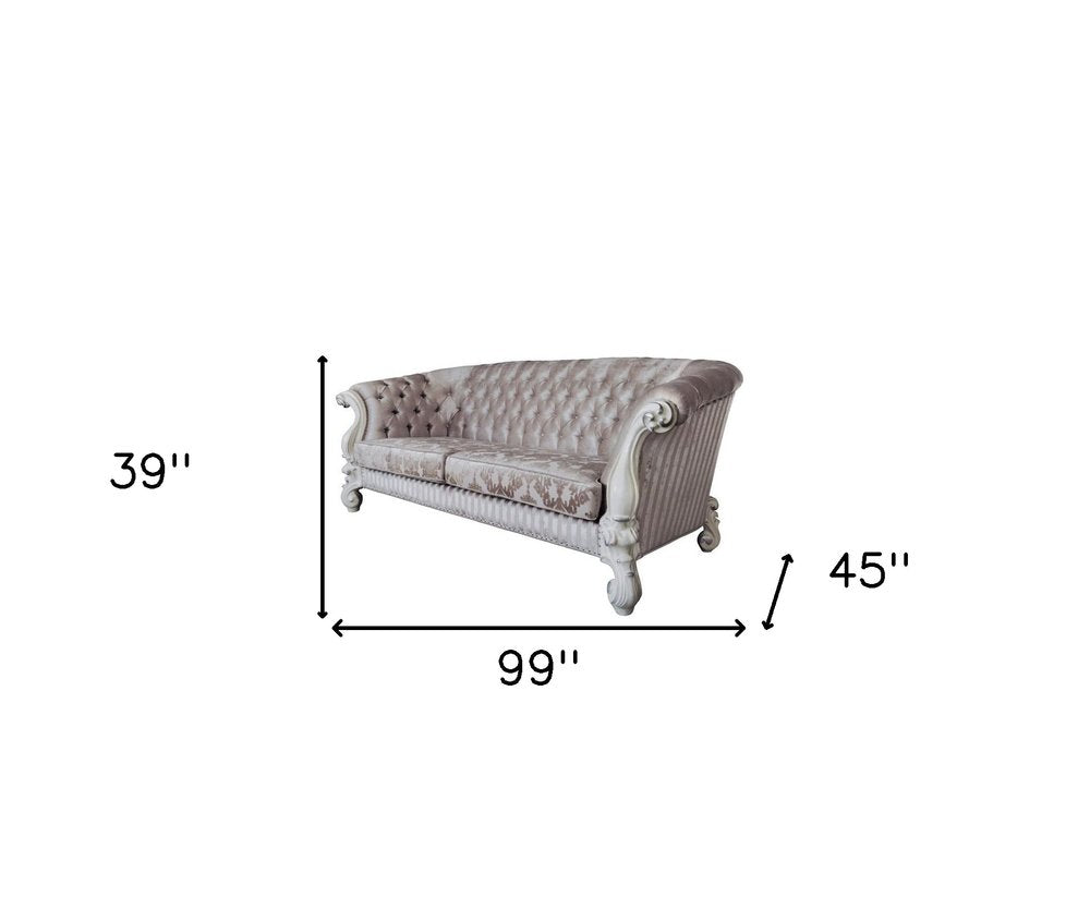 Ivory Velvet Damask Sofa and Toss Pillows with Bone Legs - 99-inch