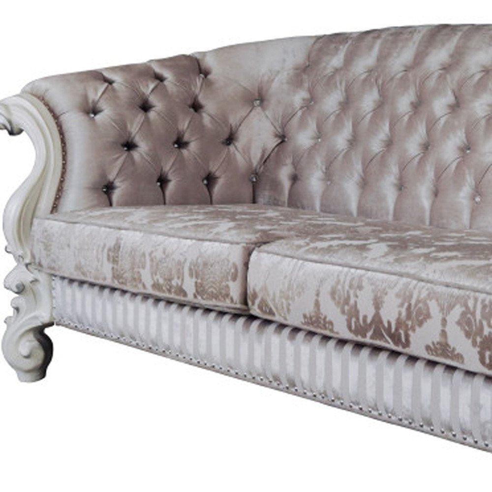 Ivory Velvet Damask Sofa and Toss Pillows with Bone Legs - 99-inch
