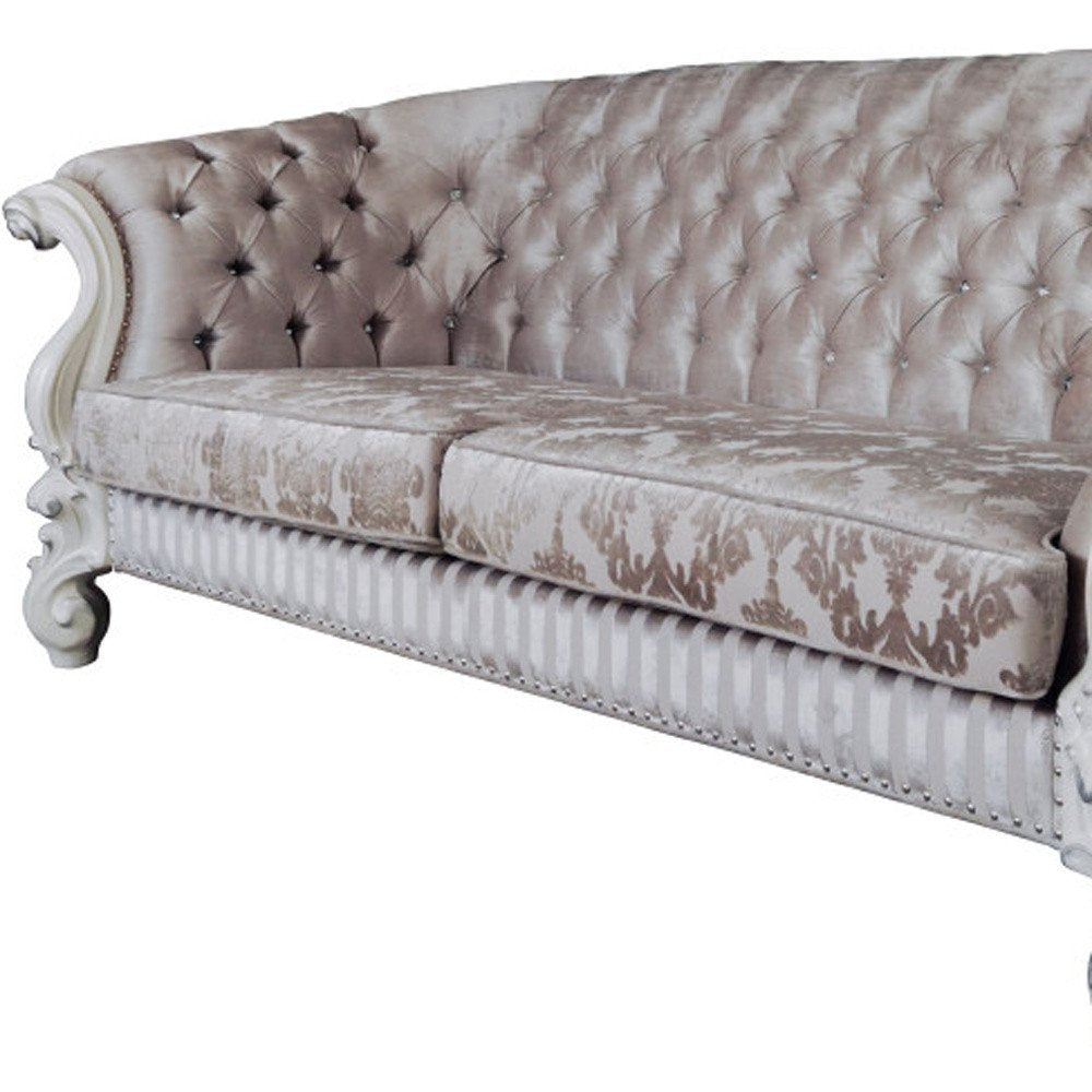 Ivory Velvet Damask Sofa and Toss Pillows with Bone Legs - 99-inch