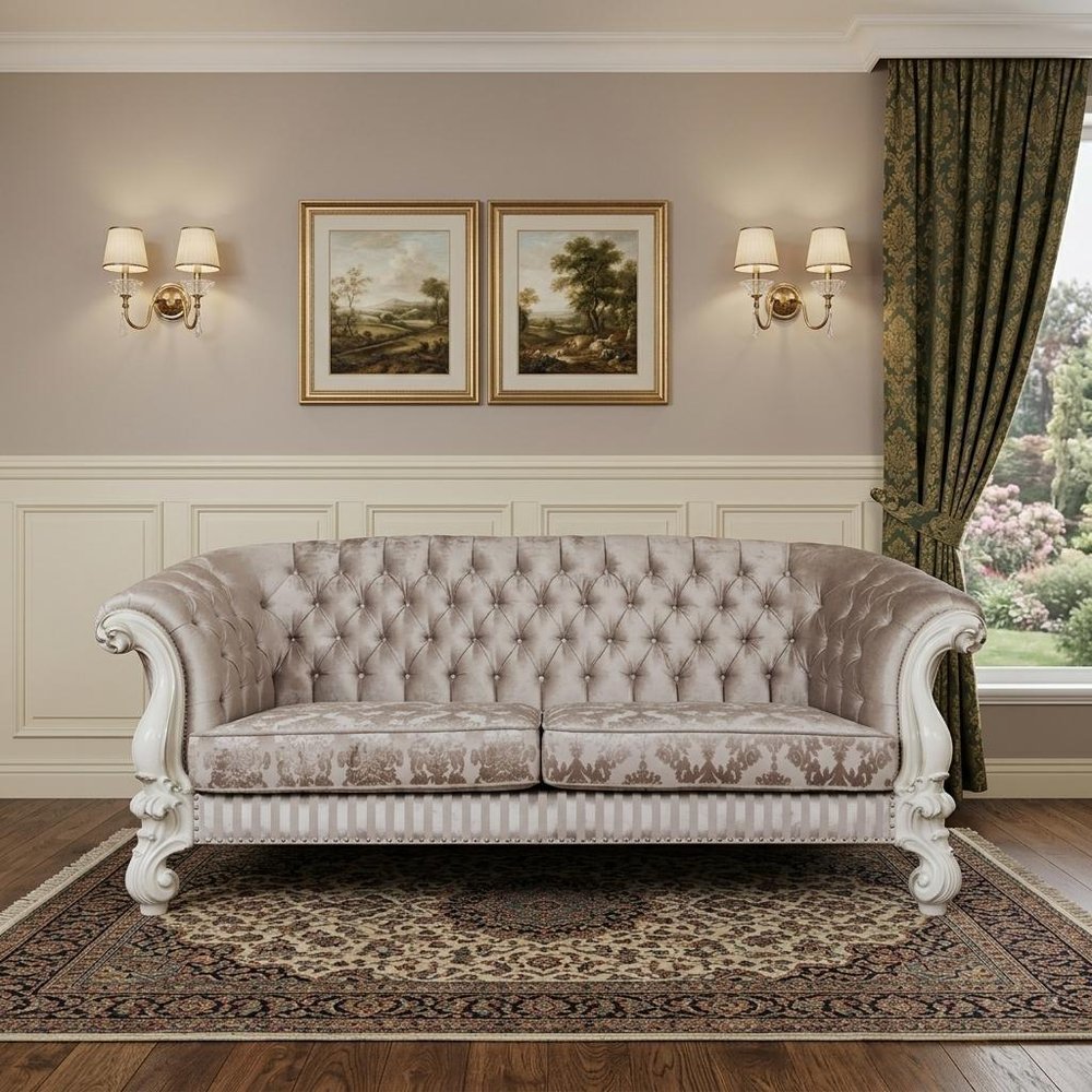 Ivory Velvet Damask Sofa and Toss Pillows with Bone Legs - 99-inch