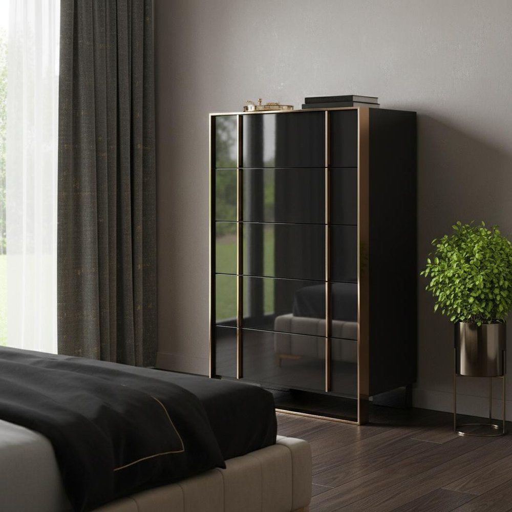 Black Gold Manufactured Wood + Solid Wood Stainless Steel Five Drawer Chest