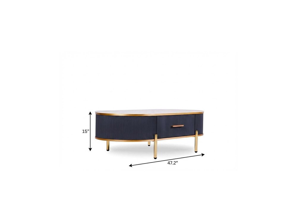White and Gold Stone and Stainless Steel Oval Coffee Table with Drawer
