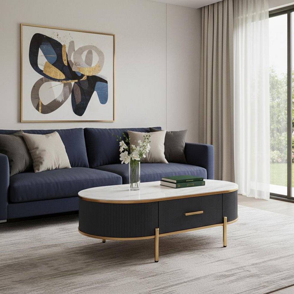 White and Gold Stone and Stainless Steel Oval Coffee Table with Drawer