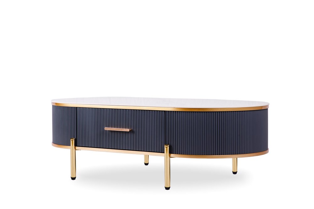 White and Gold Stone and Stainless Steel Oval Coffee Table with Drawer