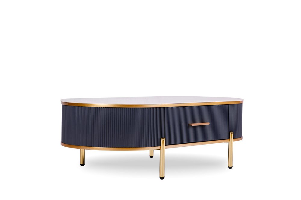 White and Gold Stone and Stainless Steel Oval Coffee Table with Drawer