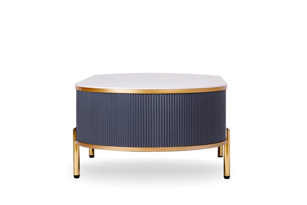White and Gold Stone and Stainless Steel Oval Coffee Table with Drawer