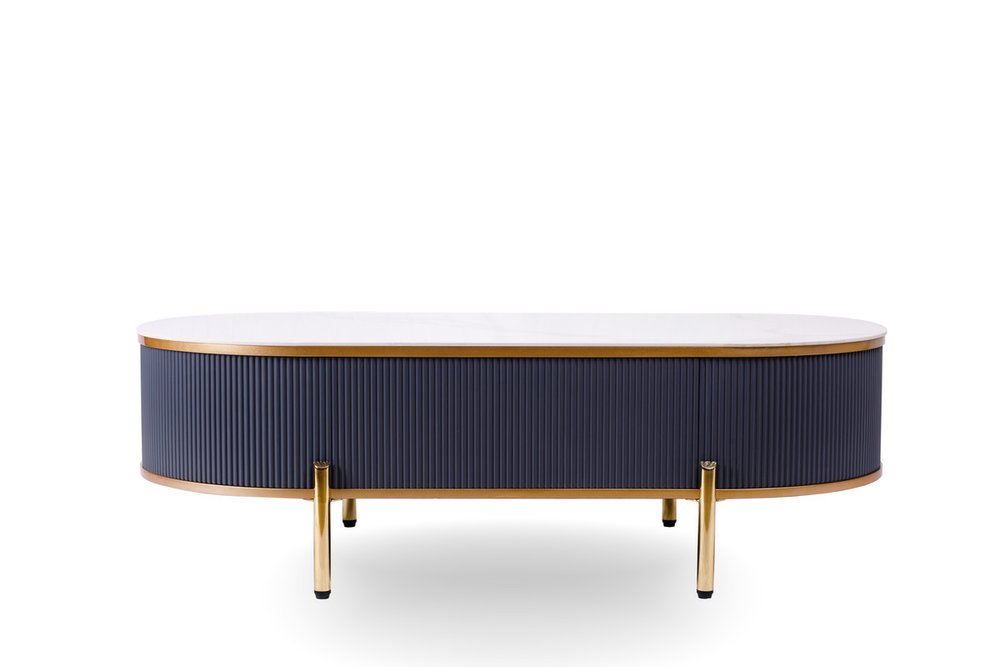 White and Gold Stone and Stainless Steel Oval Coffee Table with Drawer