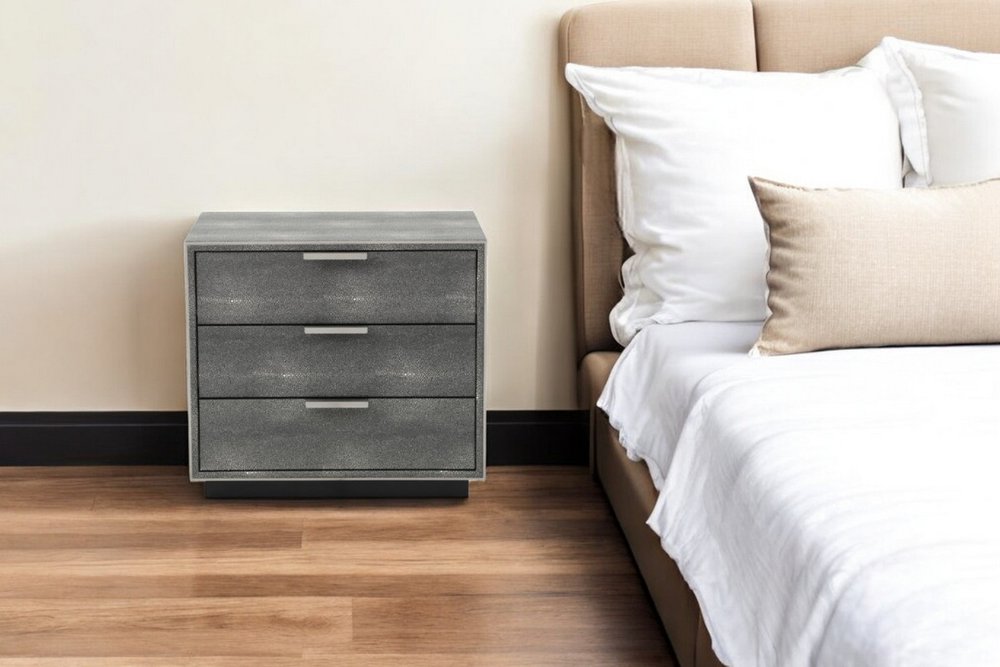Gray Solid and Manufactured Wood Shagreen Three Drawer Nightstand - 22-inch