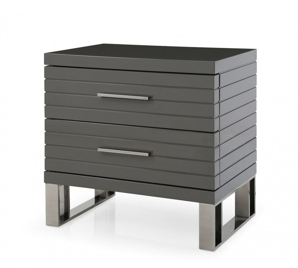 Silver and Gray Stainless Steel Solid and Manufactured Wood Two Drawer Nightstand
