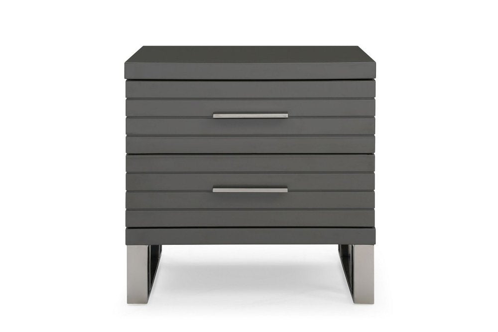 Silver and Gray Stainless Steel Solid and Manufactured Wood Two Drawer Nightstand
