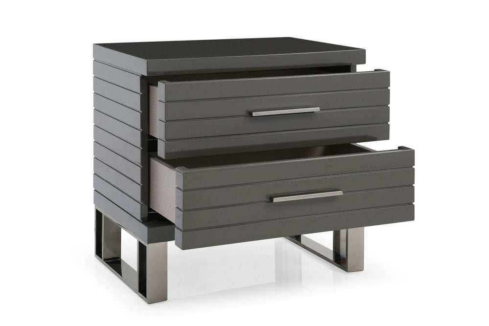 Silver and Gray Stainless Steel Solid and Manufactured Wood Two Drawer Nightstand