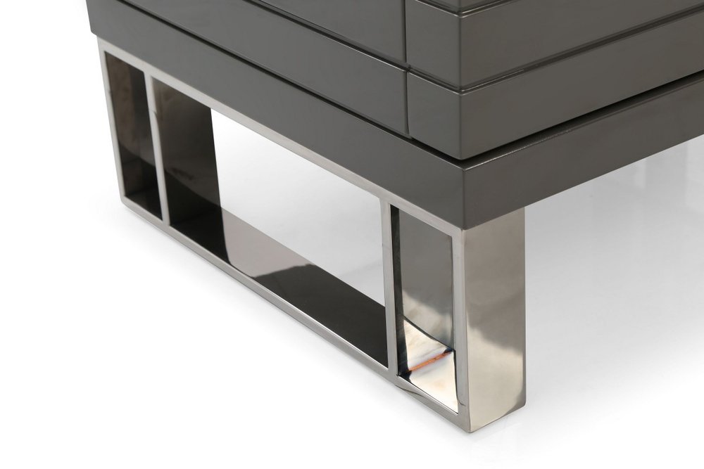 Silver and Gray Stainless Steel Solid and Manufactured Wood Two Drawer Nightstand