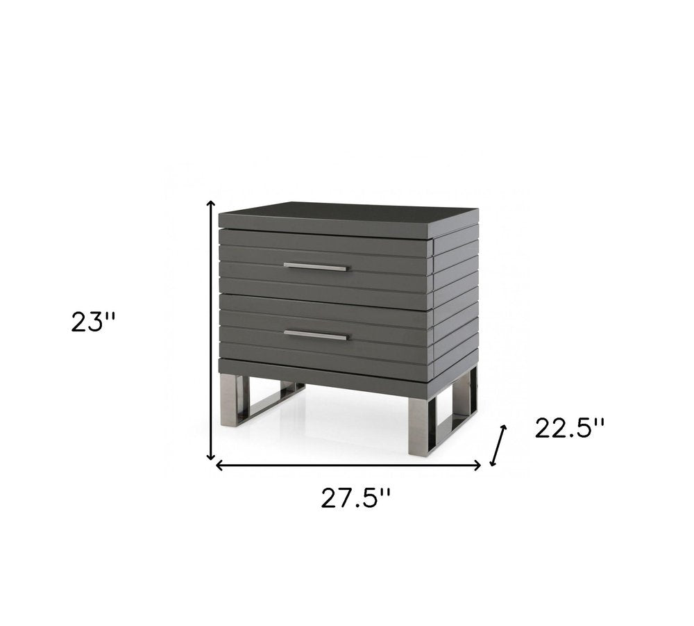 Silver and Gray Stainless Steel Solid and Manufactured Wood Two Drawer Nightstand