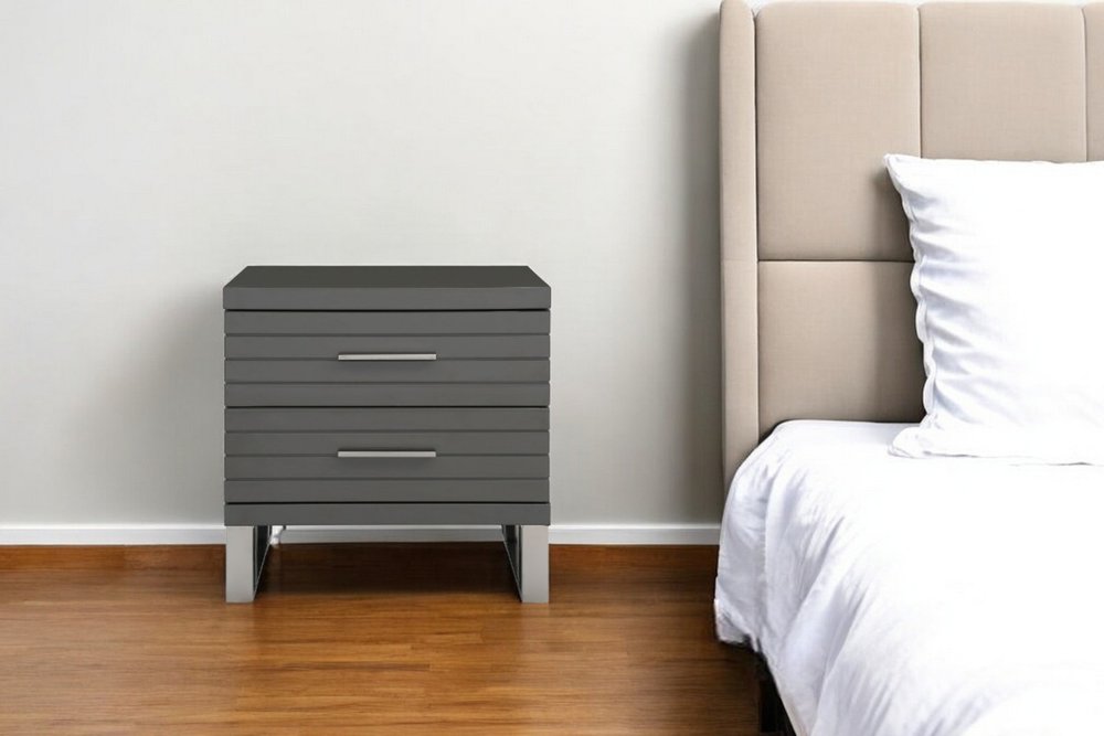 Silver and Gray Stainless Steel Solid and Manufactured Wood Two Drawer Nightstand