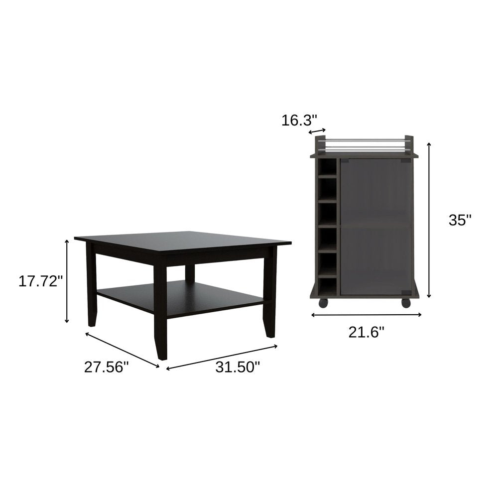 Brown and Black Open Shelving Bar Cart and Coffee Table - 22-inch