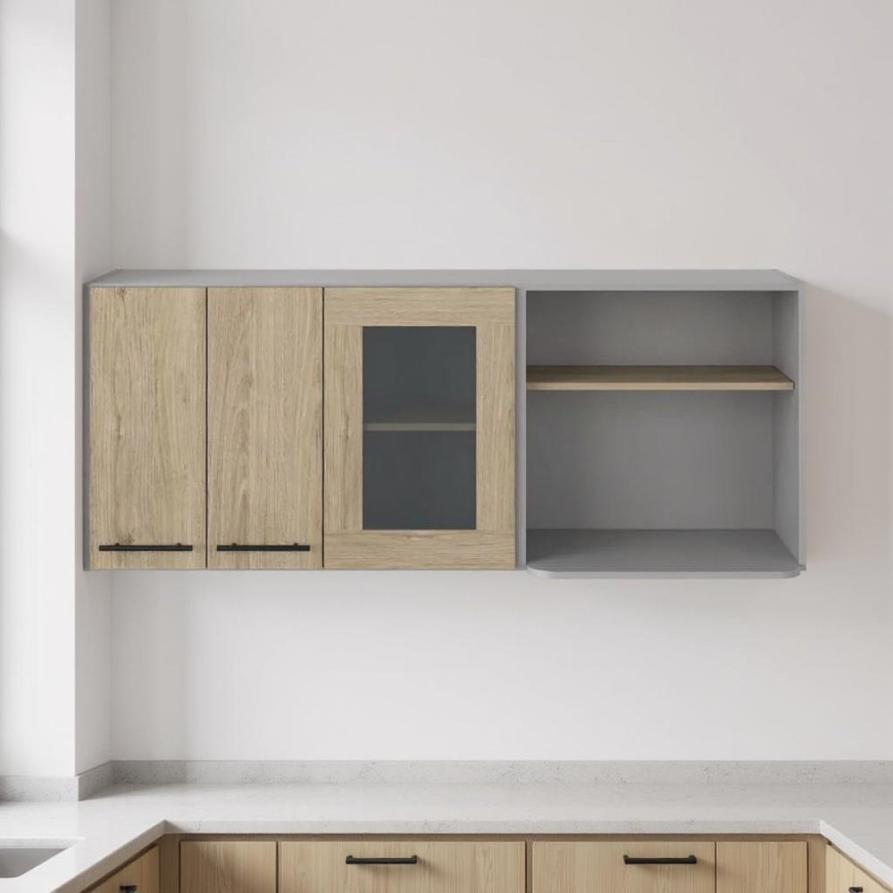 Gray and Natural Wood Wall Mounted Kitchen Cabinet with Three Doors - 24-inch