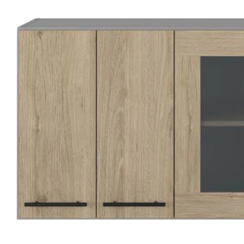 Gray and Natural Wood Wall Mounted Kitchen Cabinet with Three Doors - 24-inch