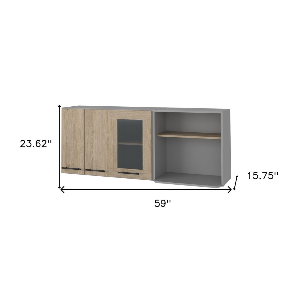 Gray and Natural Wood Wall Mounted Kitchen Cabinet with Three Doors - 24-inch
