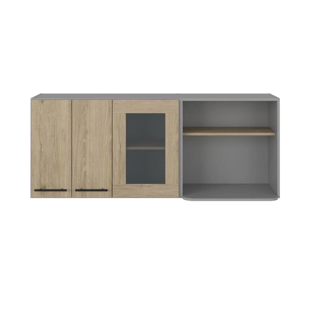 Gray and Natural Wood Wall Mounted Kitchen Cabinet with Three Doors - 24-inch