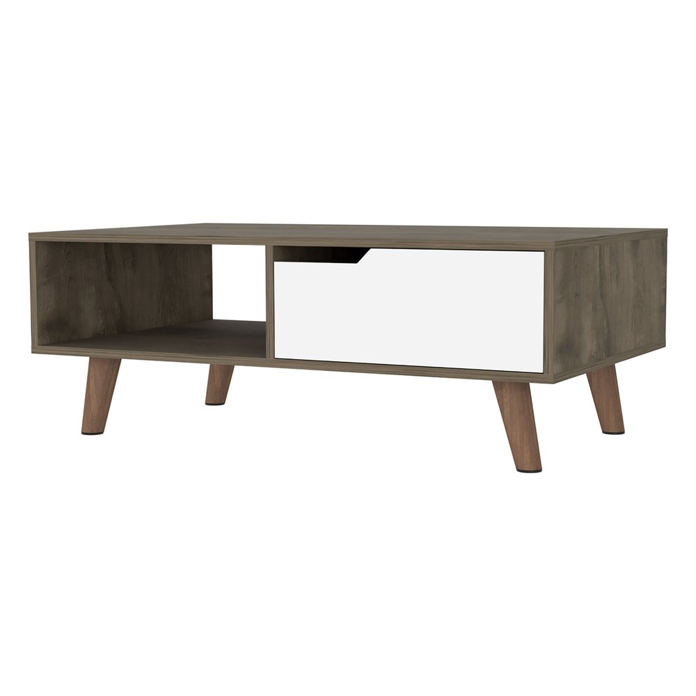 Natural and Dark Brown and White Wood Rectangular Coffee Table with Shelf
