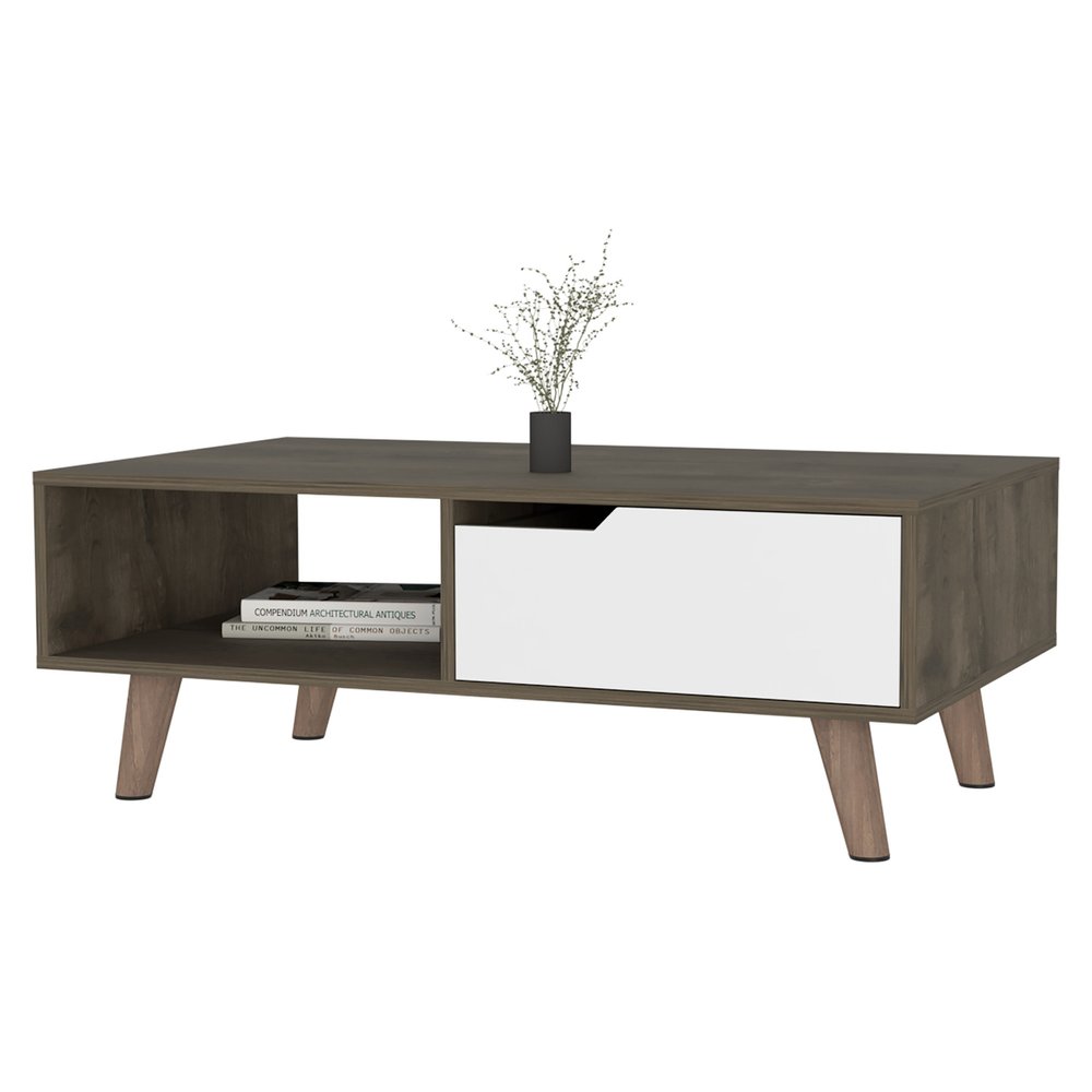Natural and Dark Brown and White Wood Rectangular Coffee Table with Shelf