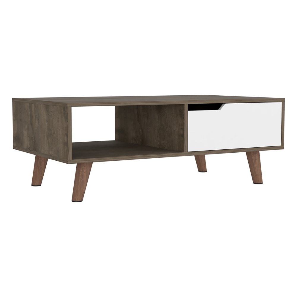 Natural and Dark Brown and White Wood Rectangular Coffee Table with Shelf