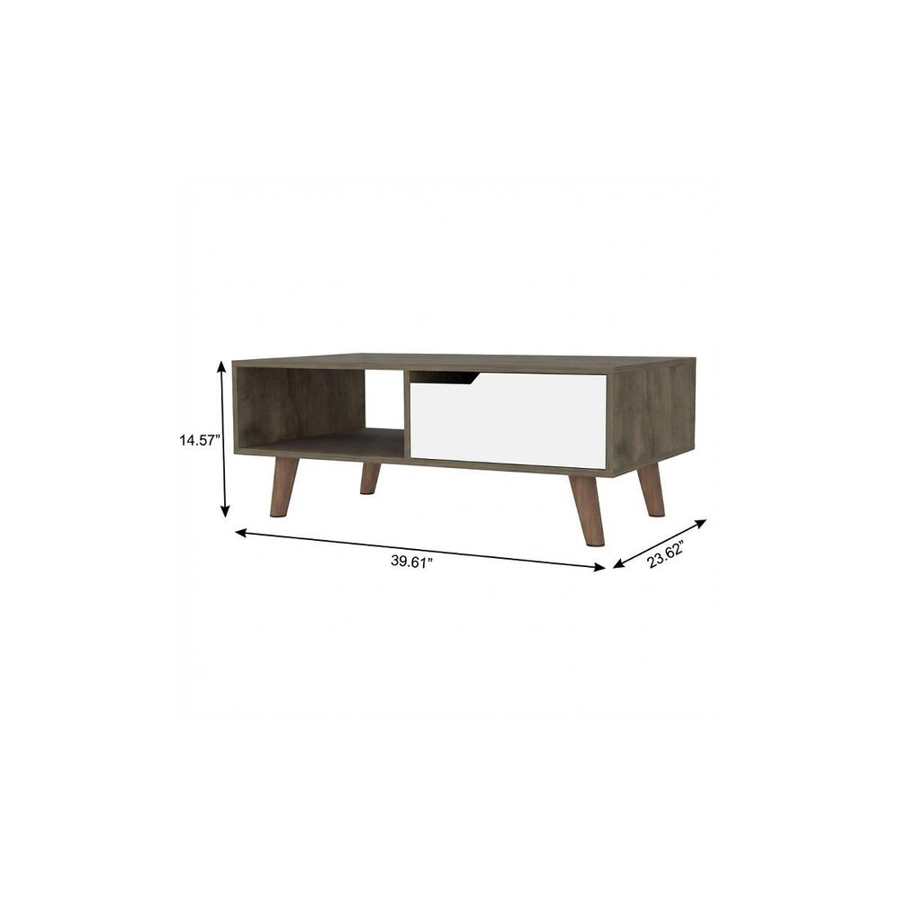 Natural and Dark Brown and White Wood Rectangular Coffee Table with Shelf