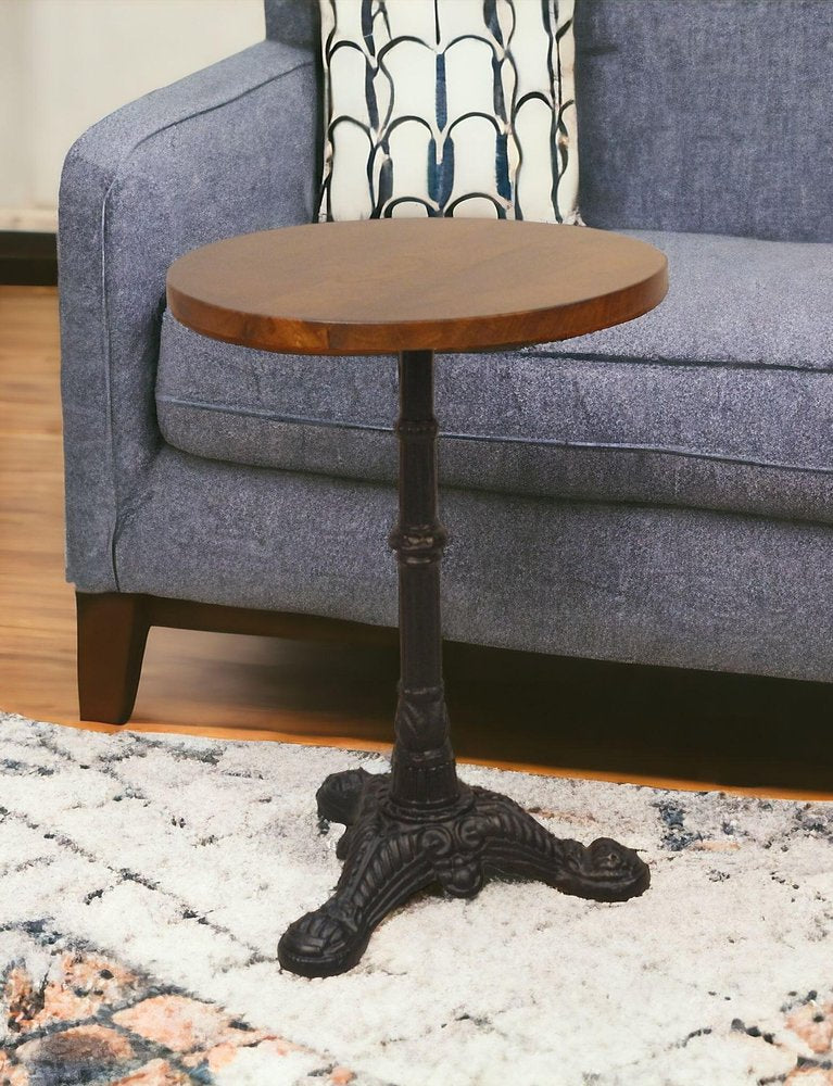 Black and Wood Brown Solid Wood and Iron Round End Table - 28-inch