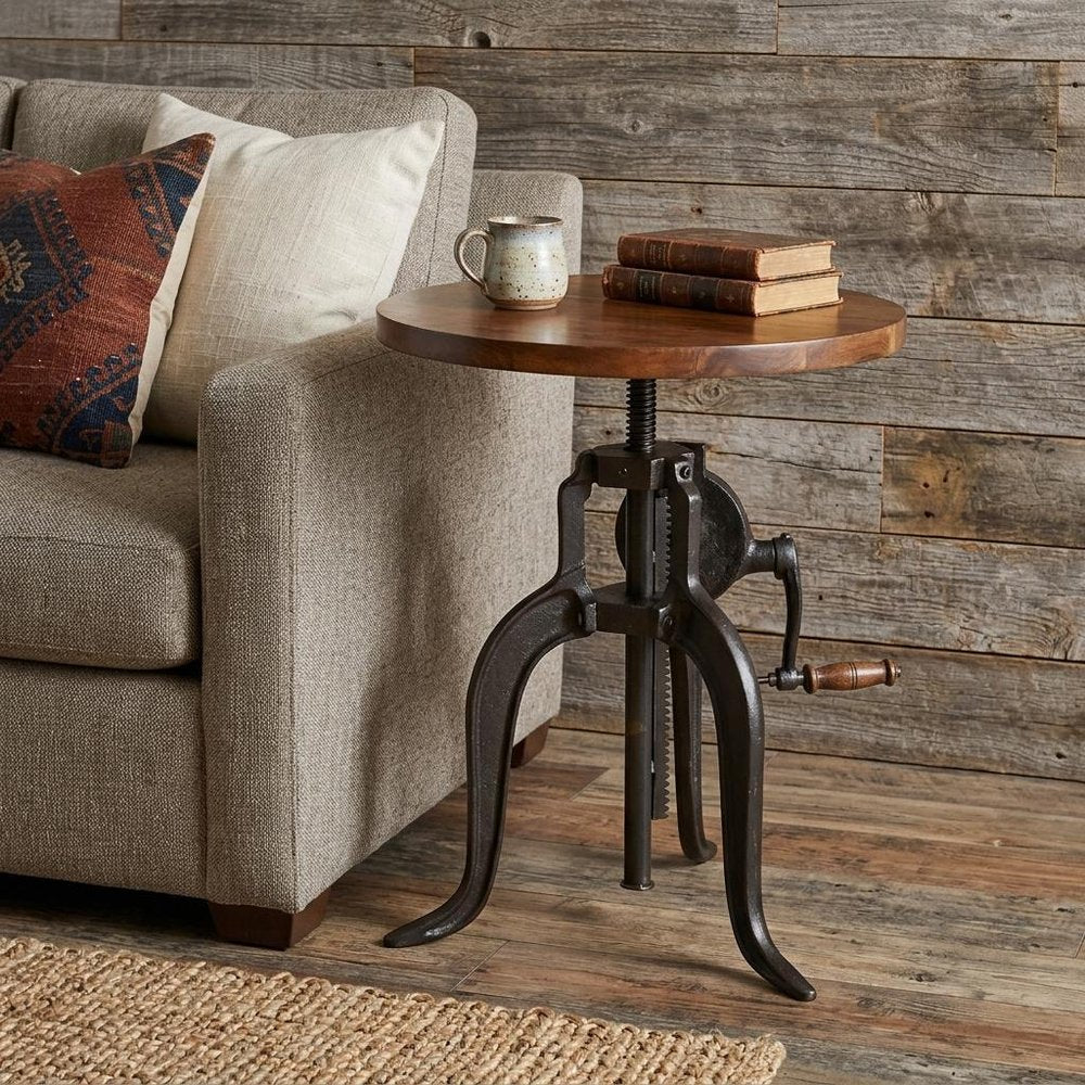 Black and Chestnut Solid Wood and Iron Height Adjustable Round End Table