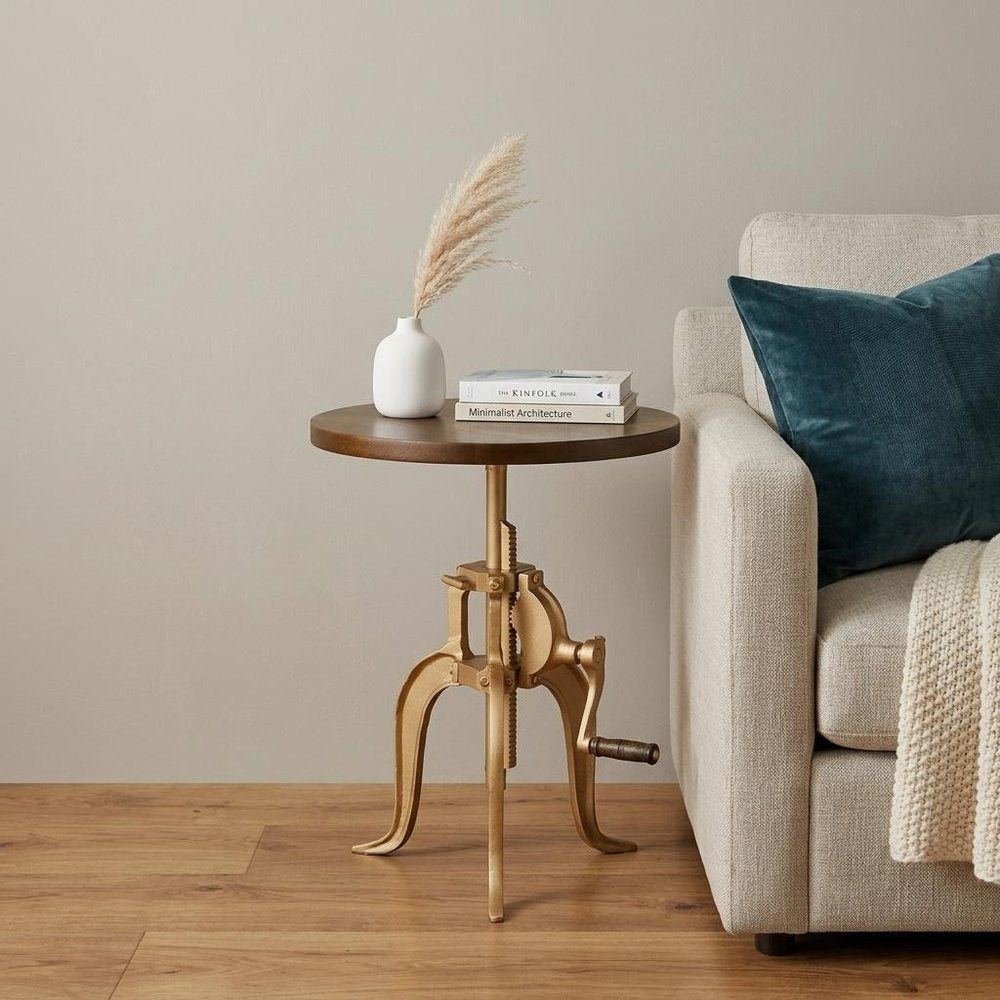 Brass Solid Wood and Iron Height Adjustable Round End Table - 19-inch