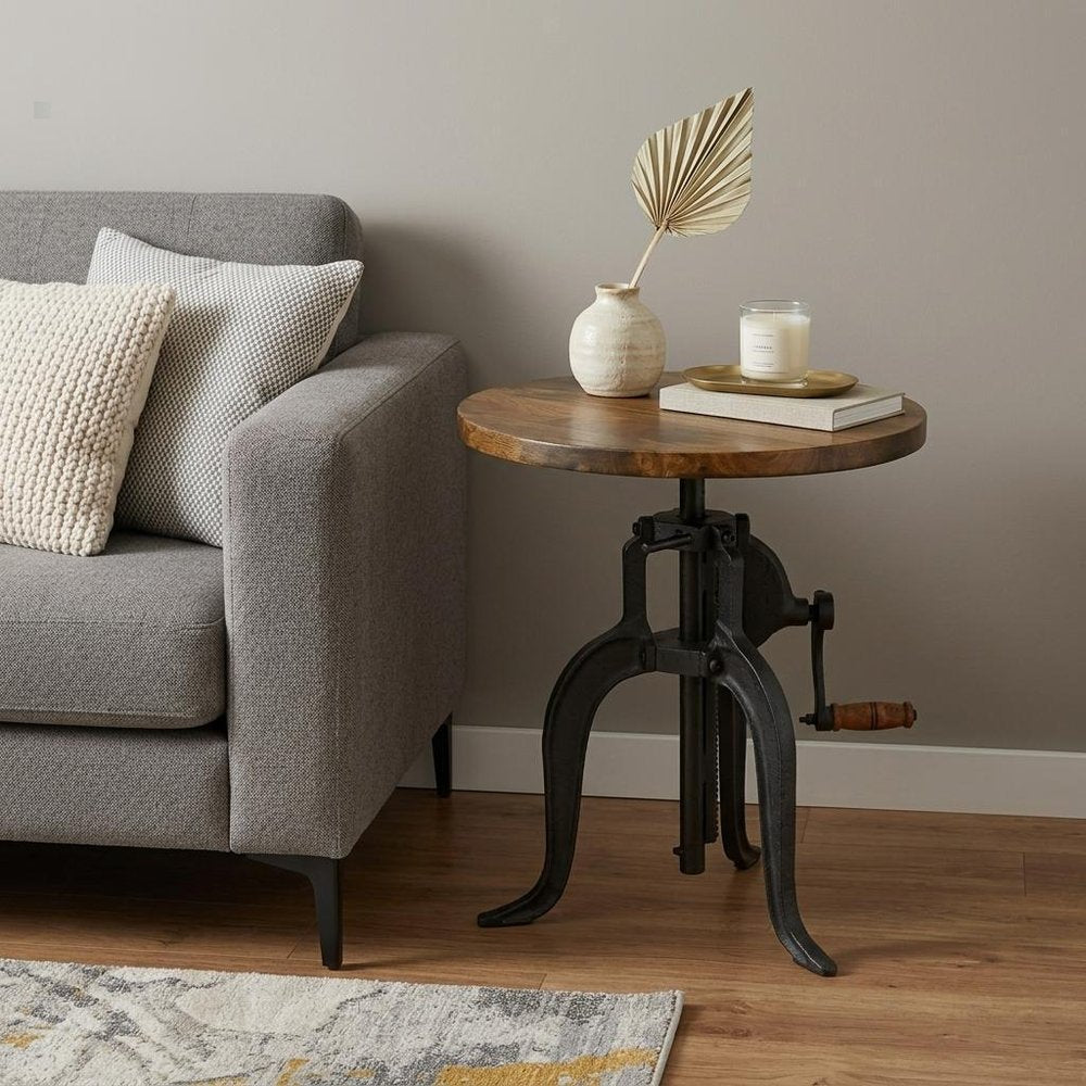 Industrial and Oak Solid Wood Round End Table - 19-inch