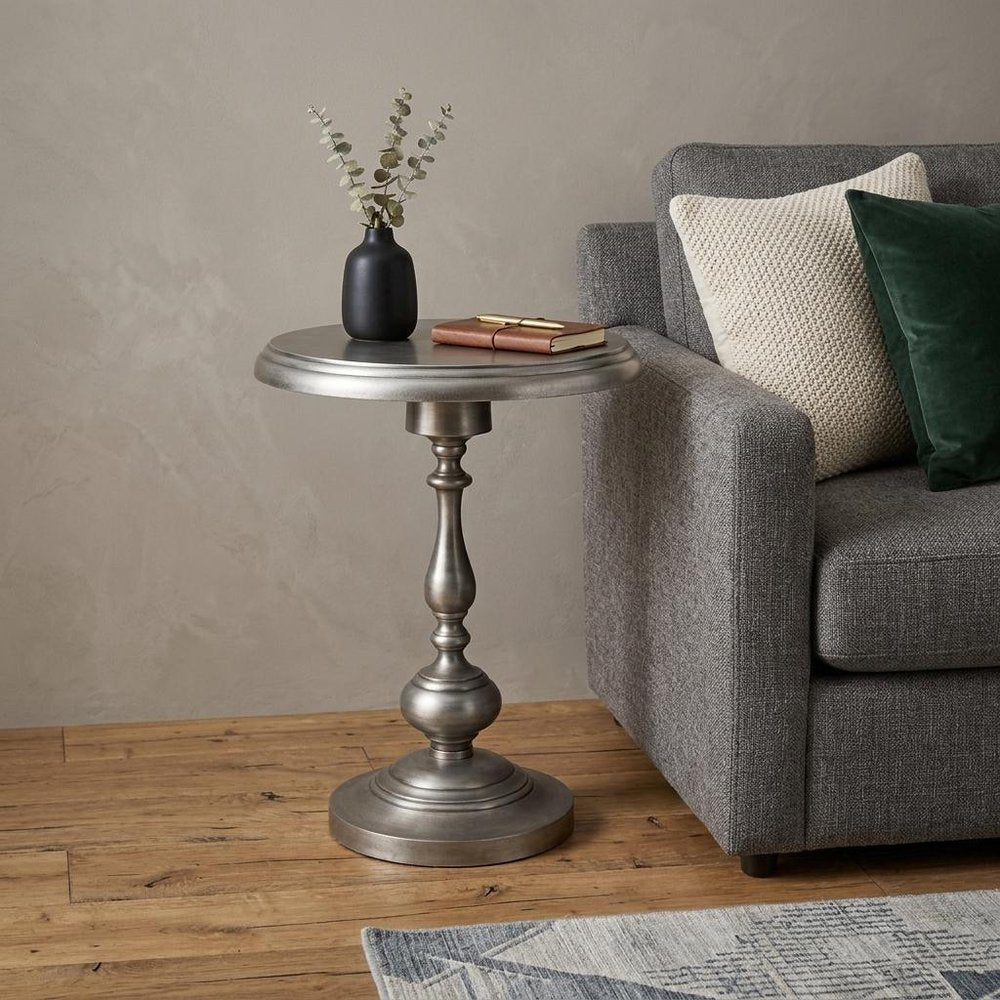 Antique Nickle Metal Round End Table - 24-inch