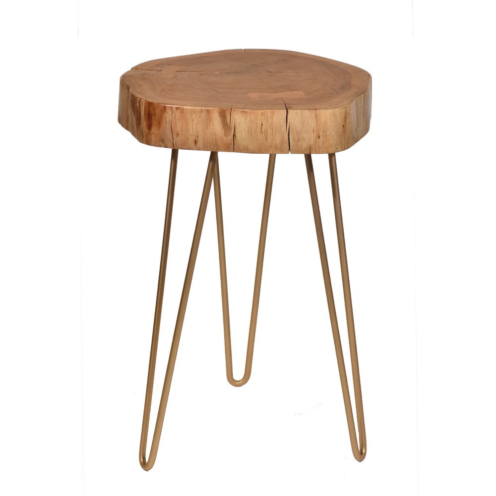 Gold and Natural Solid Wood Round End Table - 26-inch