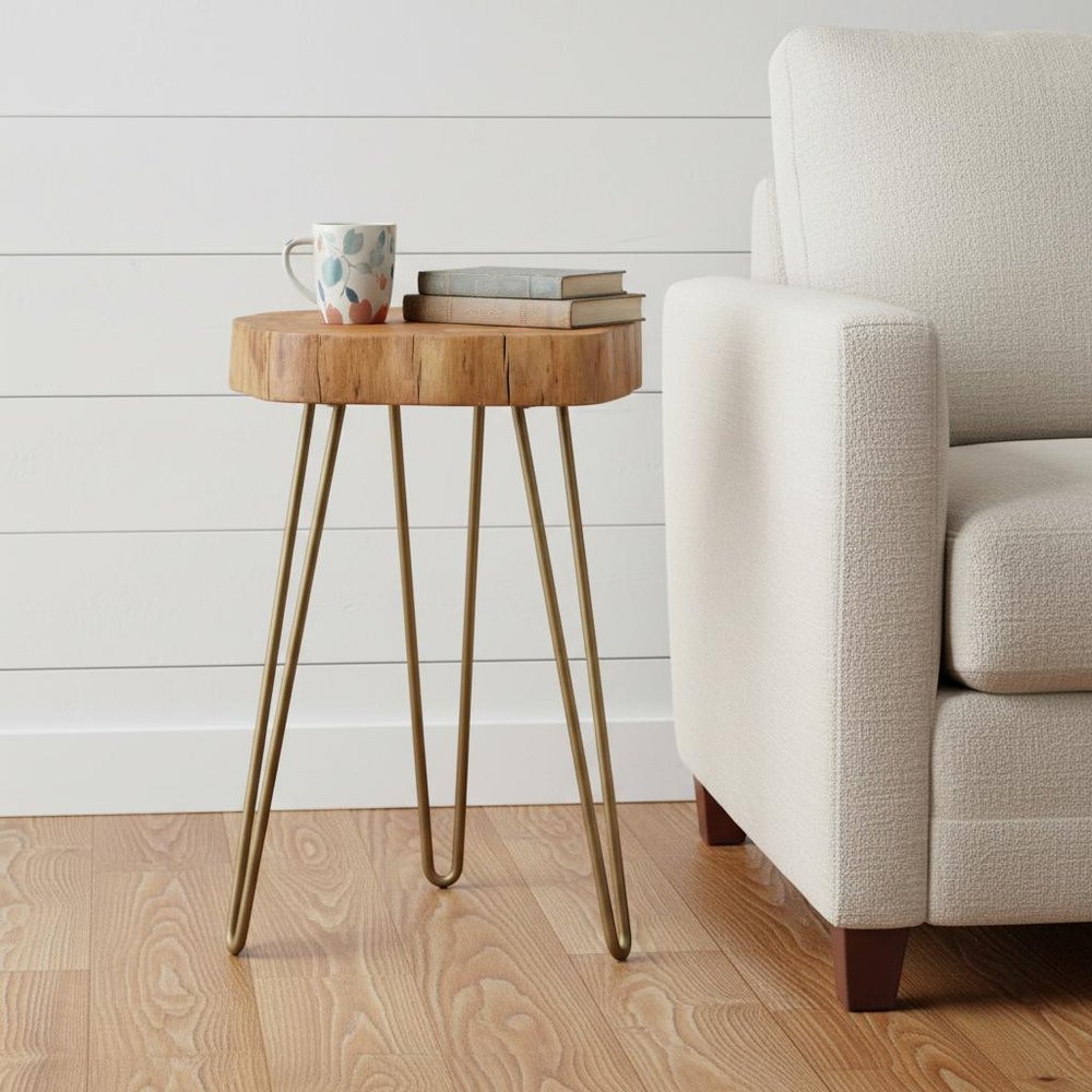 Gold and Natural Solid Wood Round End Table - 26-inch