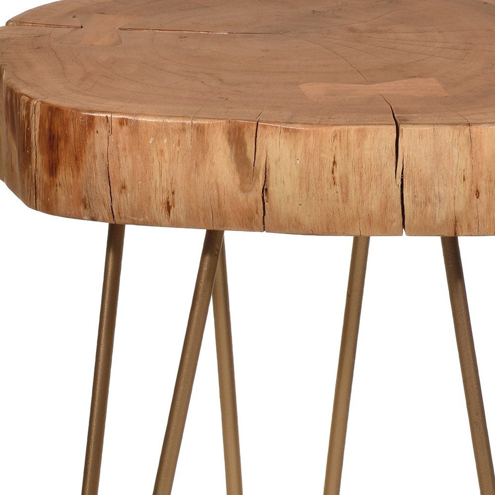 Gold and Natural Solid Wood Round End Table - 26-inch