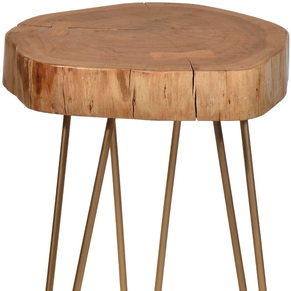 Gold and Natural Solid Wood Round End Table - 26-inch