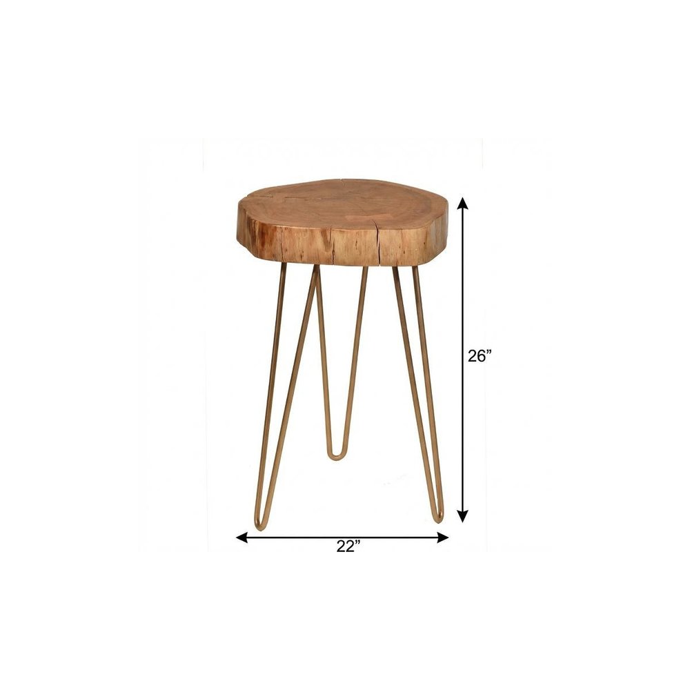 Gold and Natural Solid Wood Round End Table - 26-inch